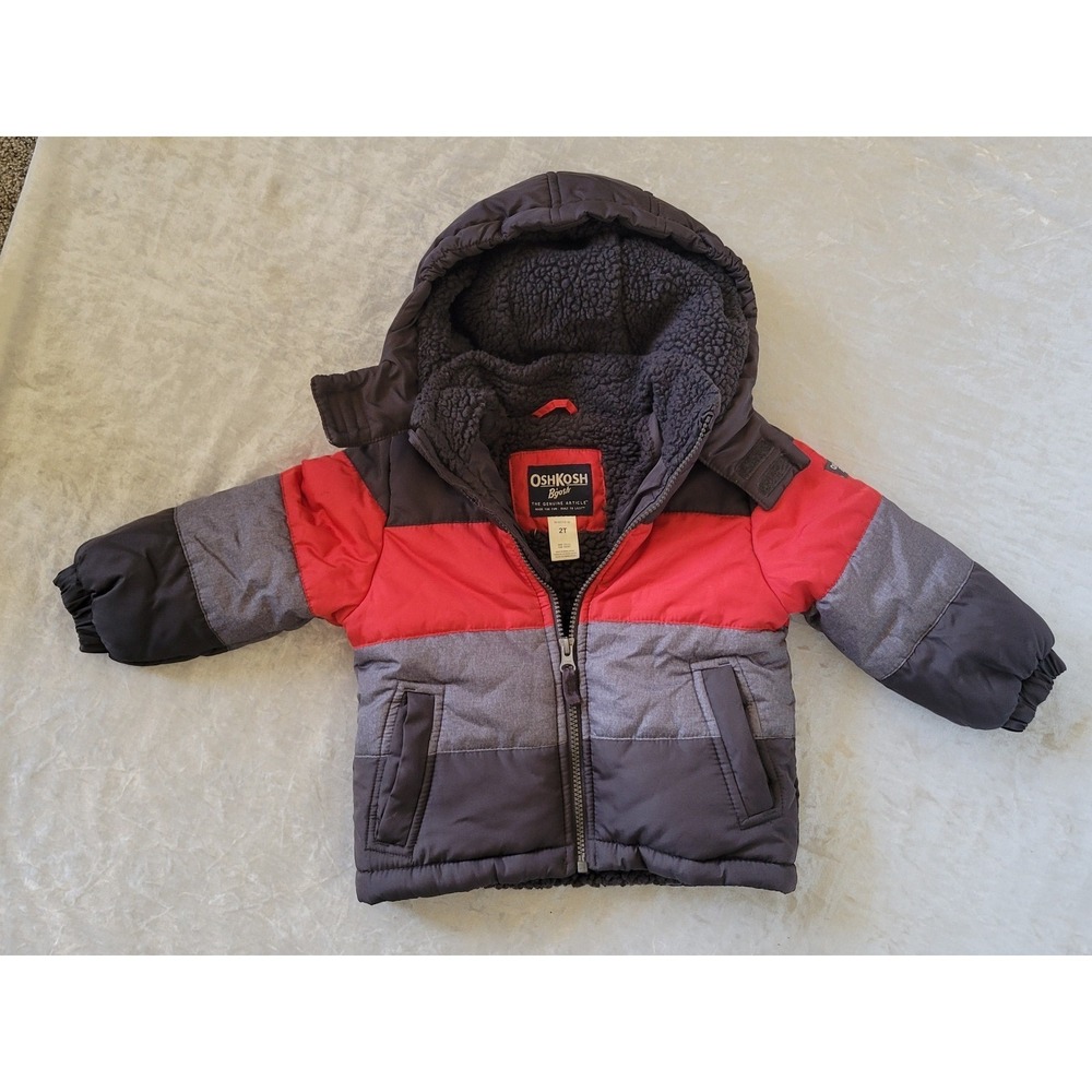 OshKosh Bgosh 2T Boys Red Grey Colorblock Sherpa Lined Puffer Jacket Winter Coat